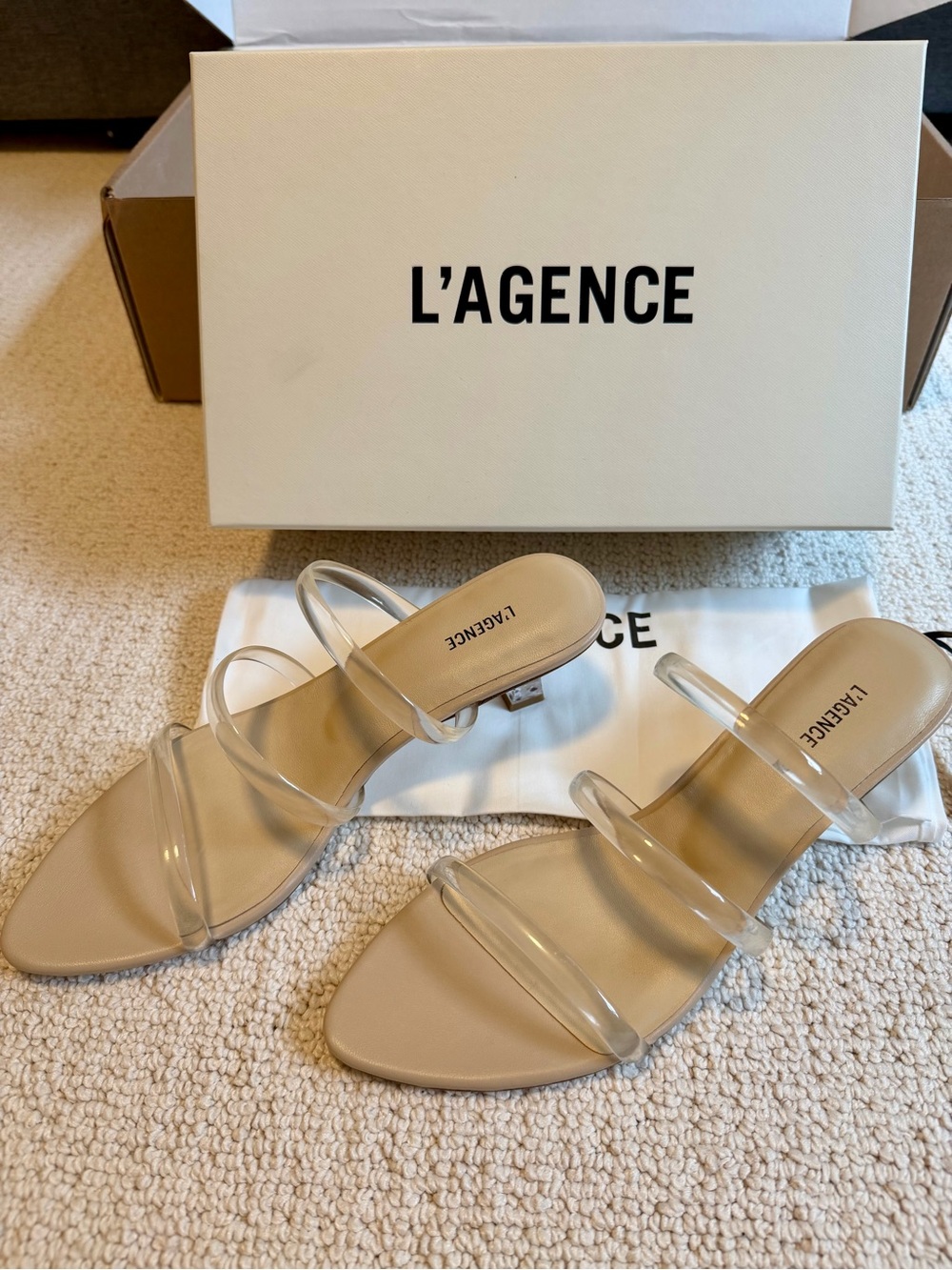 L'AGENCE Clear-Strap Slide Sandal in Beige
